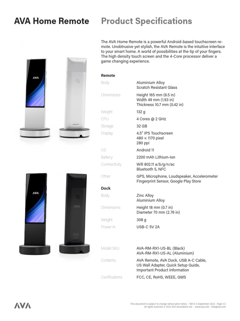 AVA HOME REMOTE SpecSheet | PDF | Touchscreen | Android (Operating System)