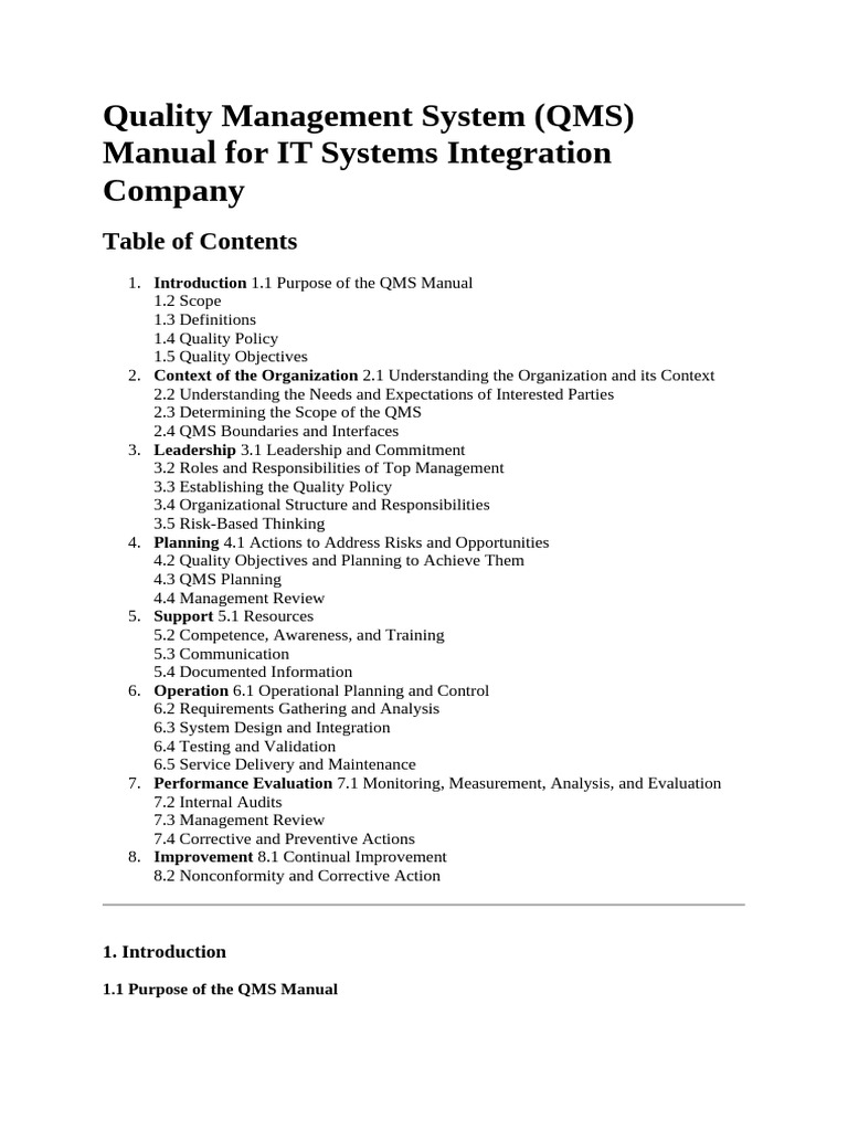 Qms Manual For It Systems Integration Pdf Quality Management System
