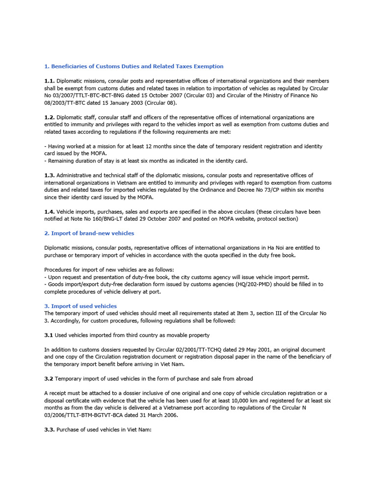 Diplomatic Vehicle Customs Exemptions | PDF | Vehicle Registration ...