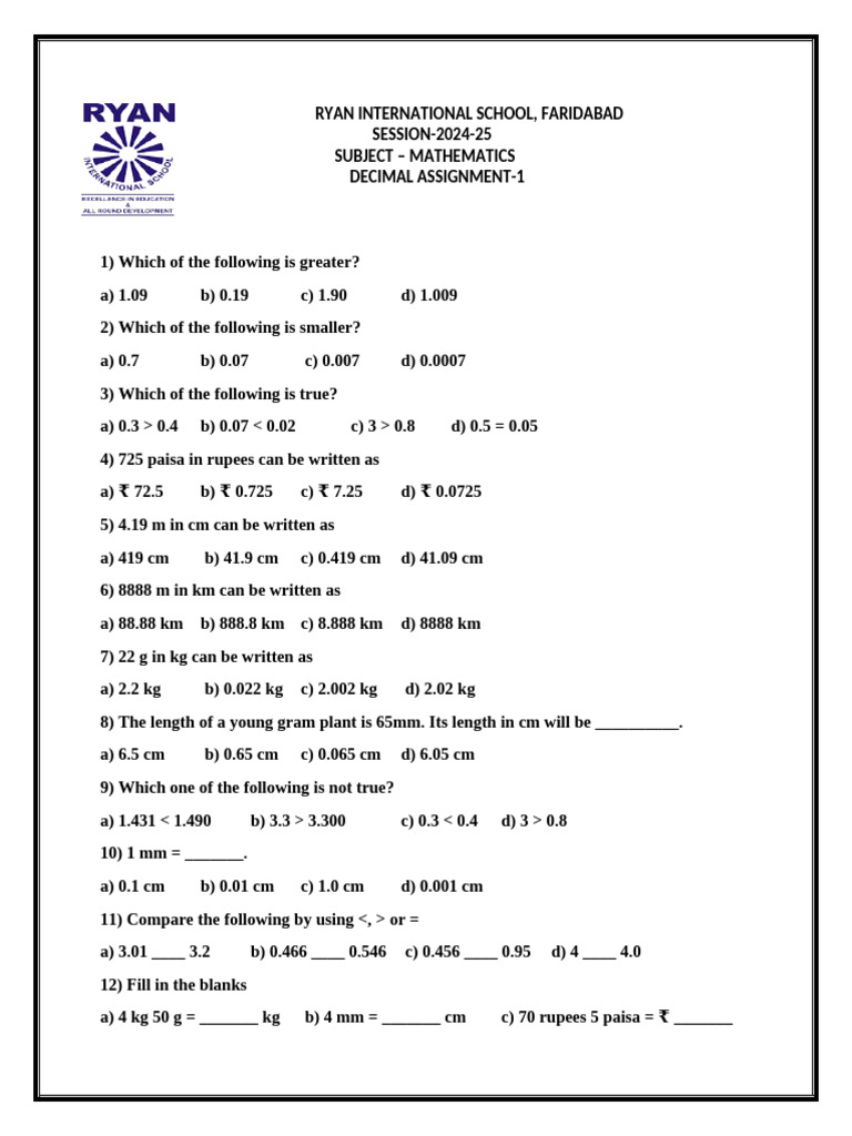 Class 5 Decimal Assignment Worksheet | PDF