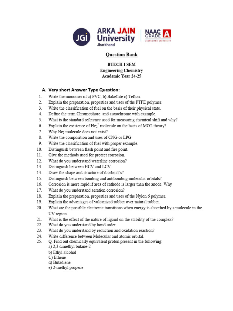 BTech 1st Year Chemistry Question Bank | PDF | Molecular Orbital ...