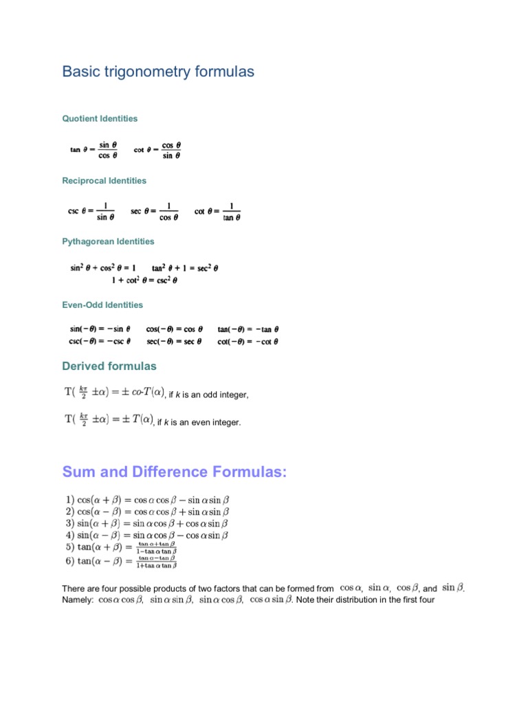 Basic Trigonometry Formulas | PDF | Trigonometric Functions | Sine
