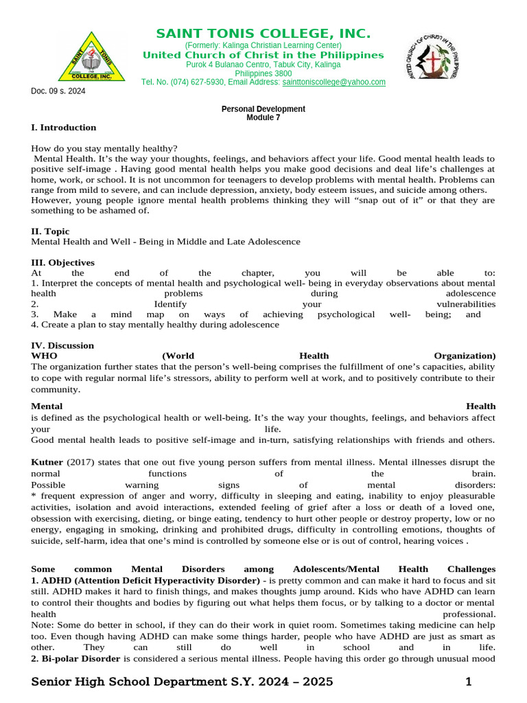 SHS Module Lesson 7 Template 5 | PDF | Mental Disorder | Anxiety