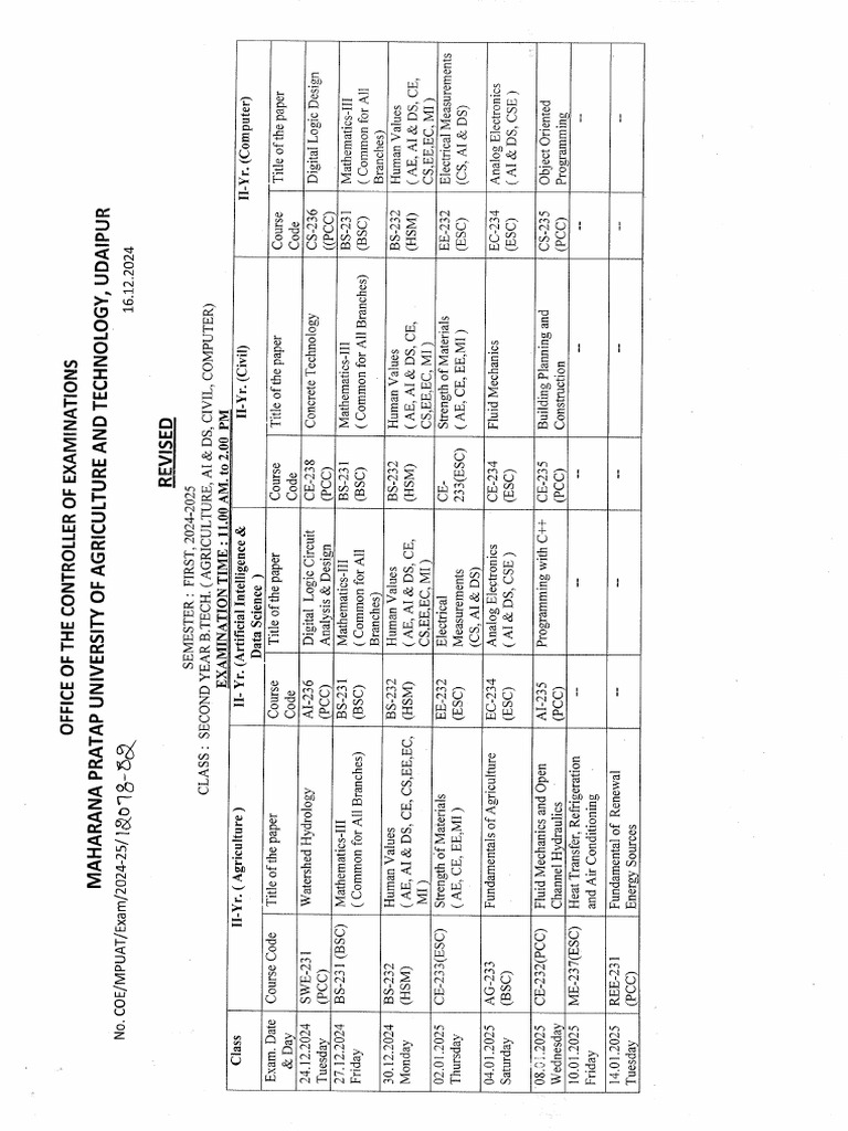 (REVISED) Final Exam Time Table of Second Year B.tech First Sem. 2024 ...