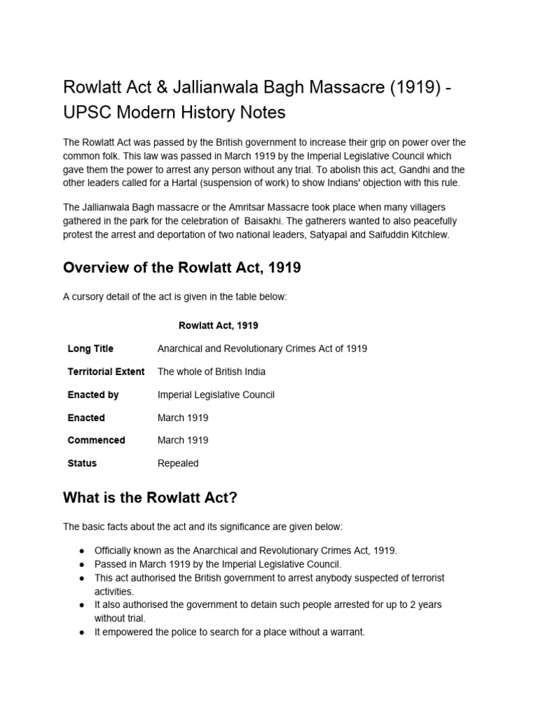 Rowlatt Act and Jallianwala Bagh Massacre | PDF | Indian Independence ...