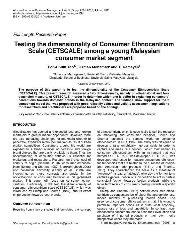Testing The Dimensionality of Consumer Ethnocentrism Scale (CETSCALE ...