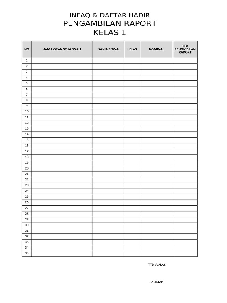 Infaq dan Daftar Hadir Raport Kelas | PDF