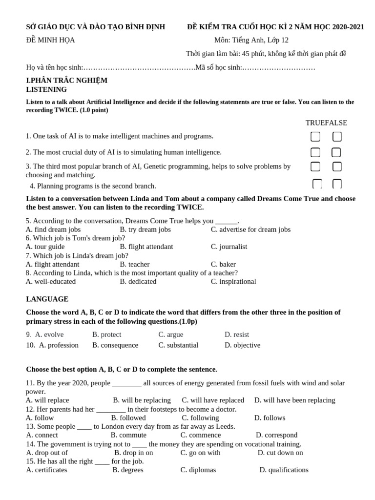 English Exam for 12th Grade Students | PDF | Artificial Intelligence ...
