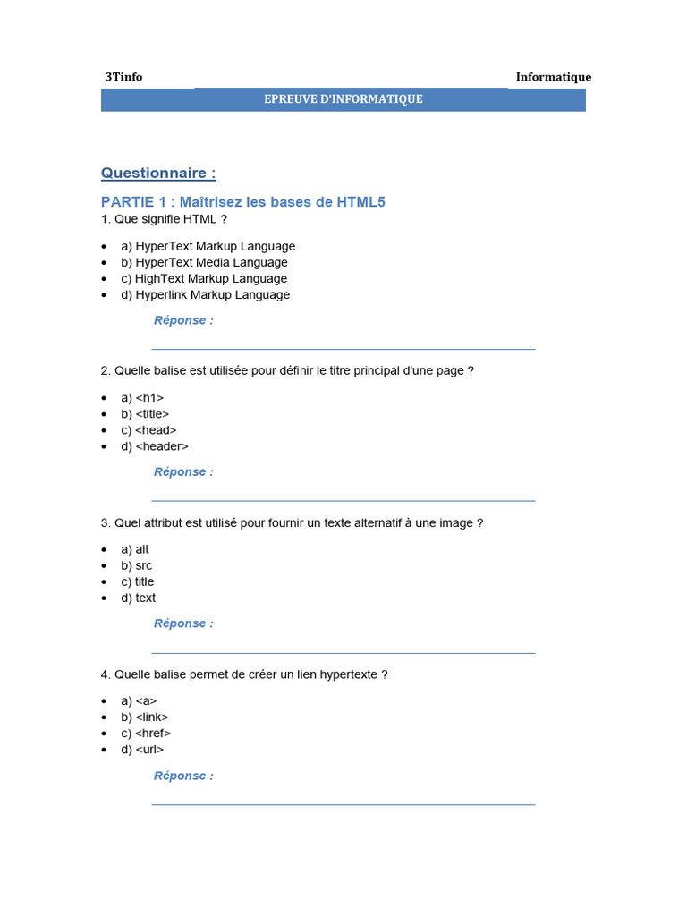 Questionnaire sur le Balisage HTML/CSS | PDF | Html | Langage de balisage