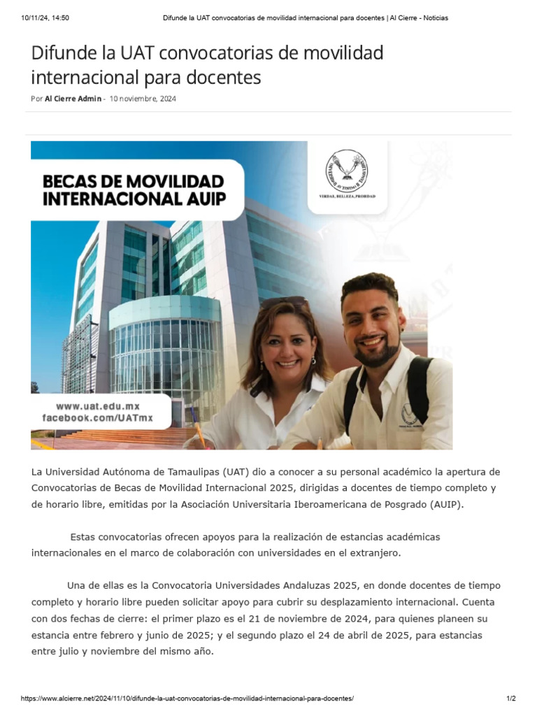 Difunde La UAT Convocatorias de Movilidad Internacional para Docentes | PDF