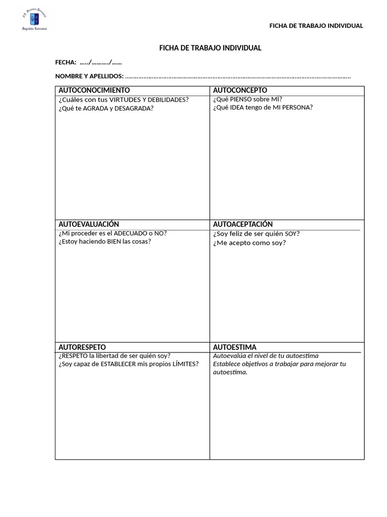 Ficha de Trabajo Individual - Autoestima | PDF