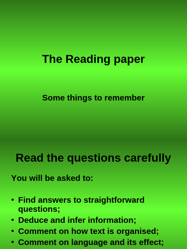 The Reading Paper: Some Things To Remember | PDF