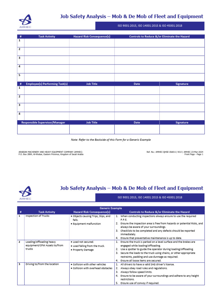 JSA011 Mob & de Mob of Fleet and Equipment V0.0 | PDF | Truck | Traffic ...