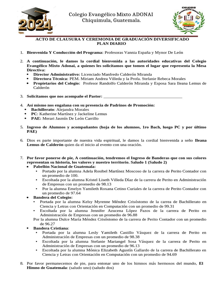 Acto de Clausura y Ceremonia de Graduación Plan Diario Otro. | PDF