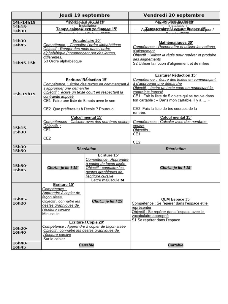 Emploi du temps CE1-CE2 : Semaine 19-20 septembre | PDF | Communication ...