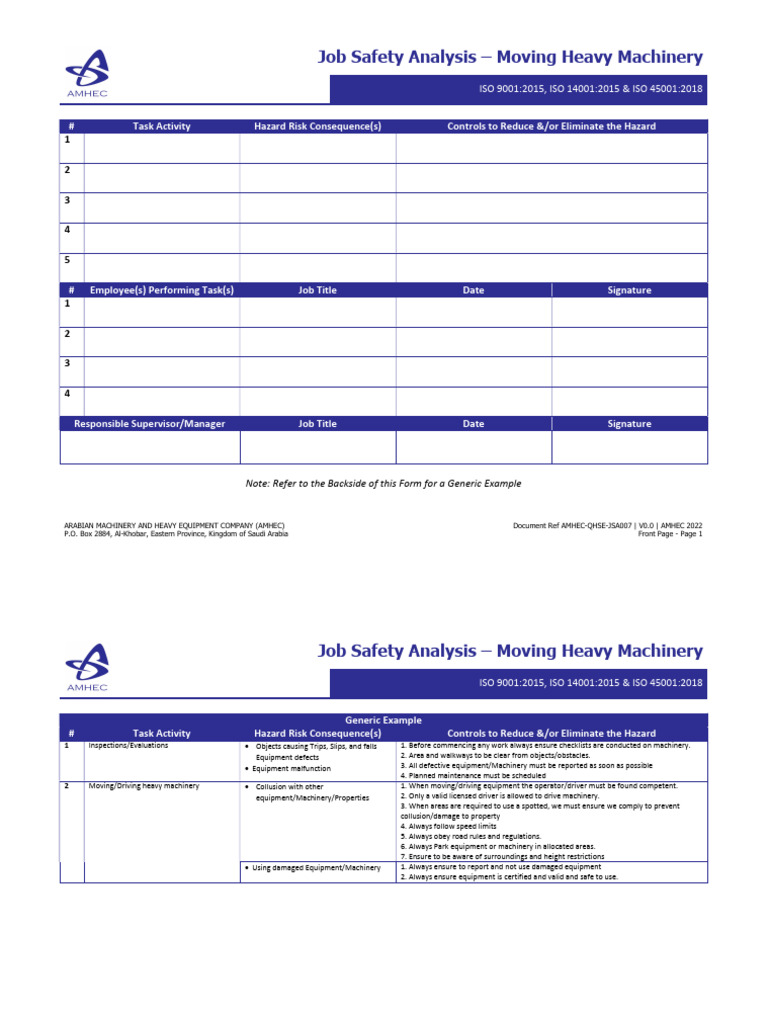 Job Safety Analysis for Heavy Machinery | PDF | Safety