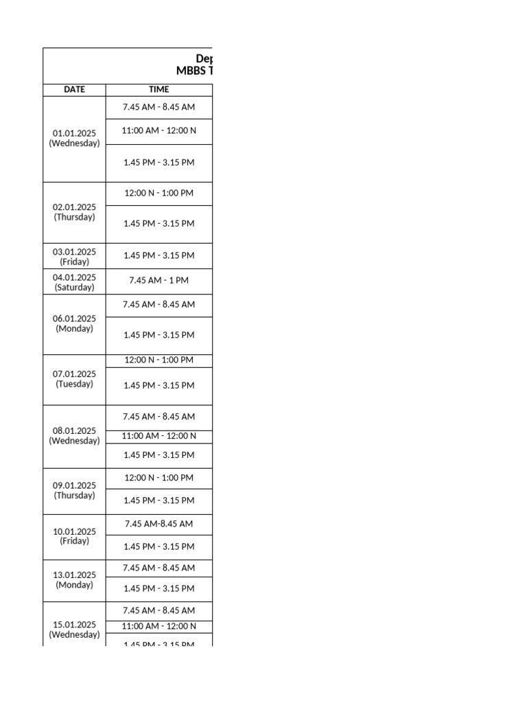 January 2025 Schedule - MBBS 2024-25 Batch - Student | PDF | Blood ...