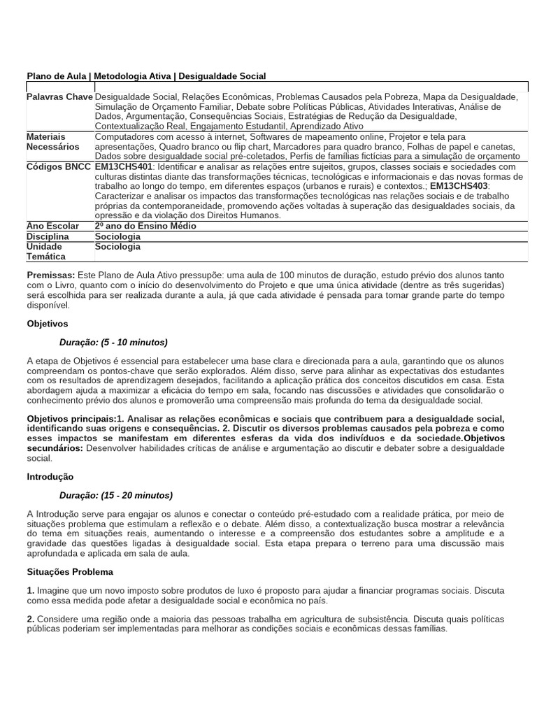 Aula Interativa sobre Desigualdade Social | PDF | Sociologia ...