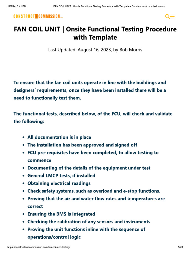 FAN COIL UNIT Onsite Functional Testing Procedure | PDF
