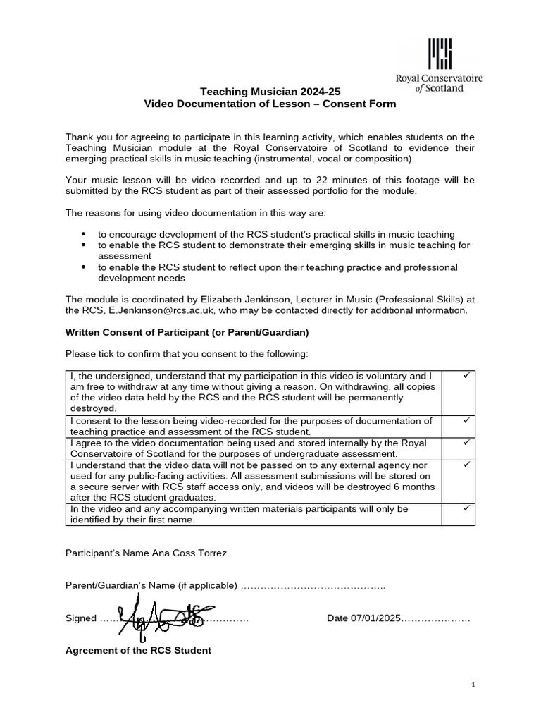 Teaching Musician Video Recording Consent Form 2425 | PDF