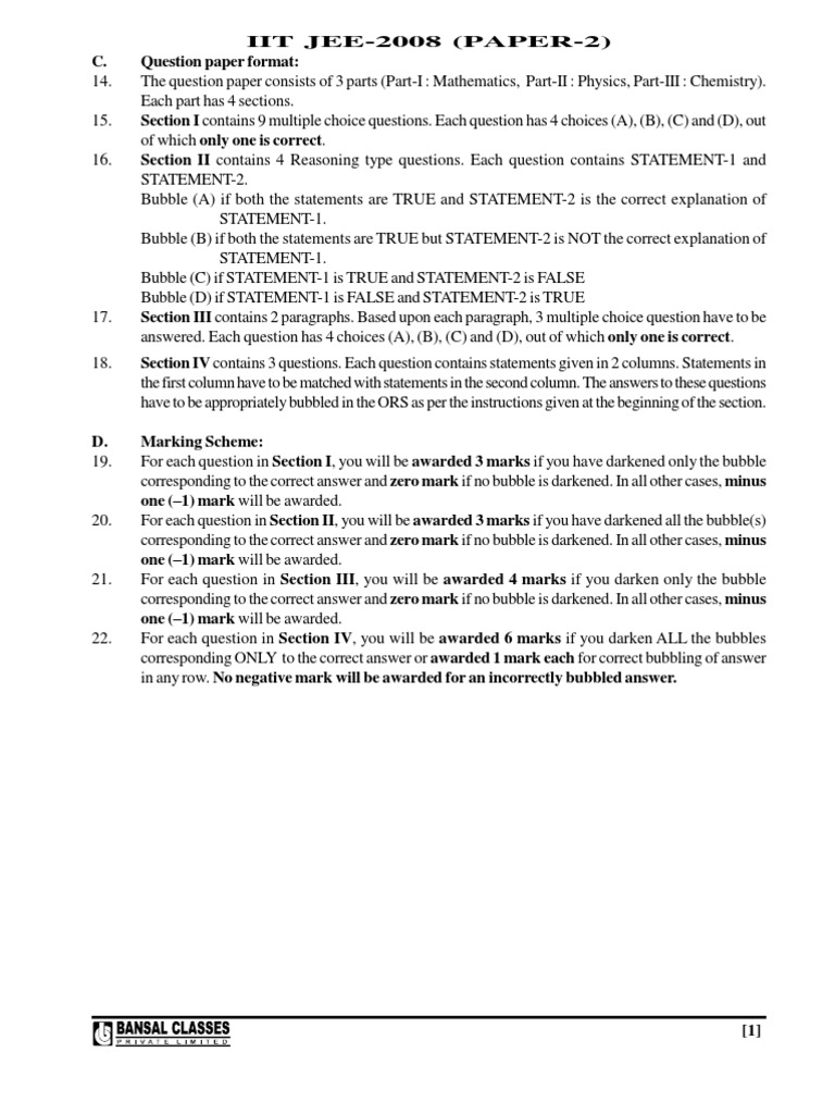IIT JEE 2008 Paper 2 Question Format and Marking | PDF