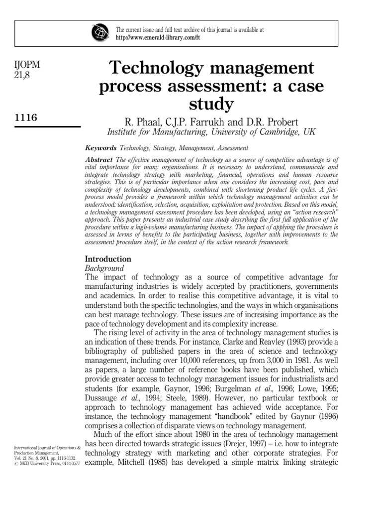 Technology Management - Proocess Assessment - Case Study | PDF ...