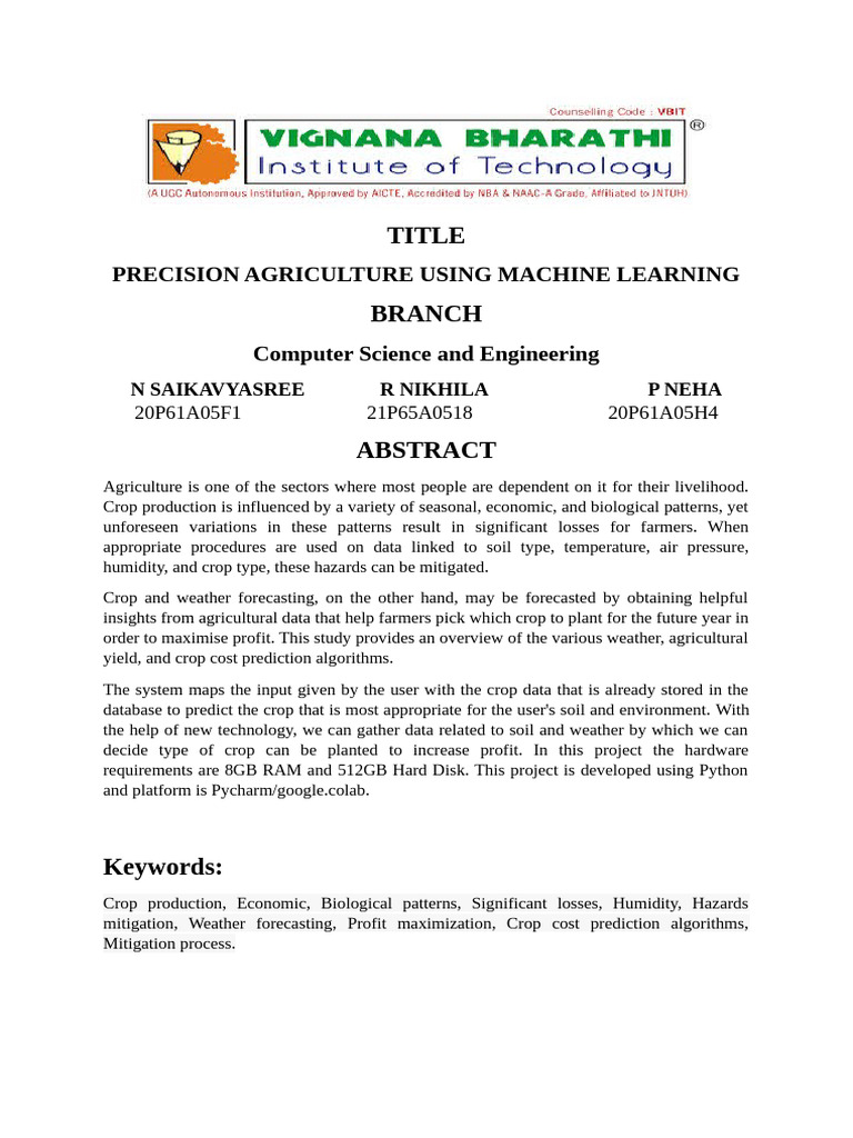 Machine Learning in Precision Agriculture | PDF