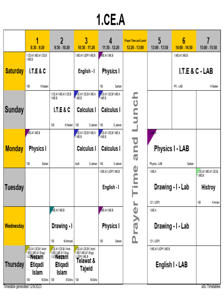 Fall 1402 Engineering Timetable | PDF | Physical Sciences