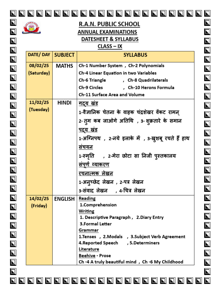 Class IX Annual Exam Datesheet & Syllabus | PDF