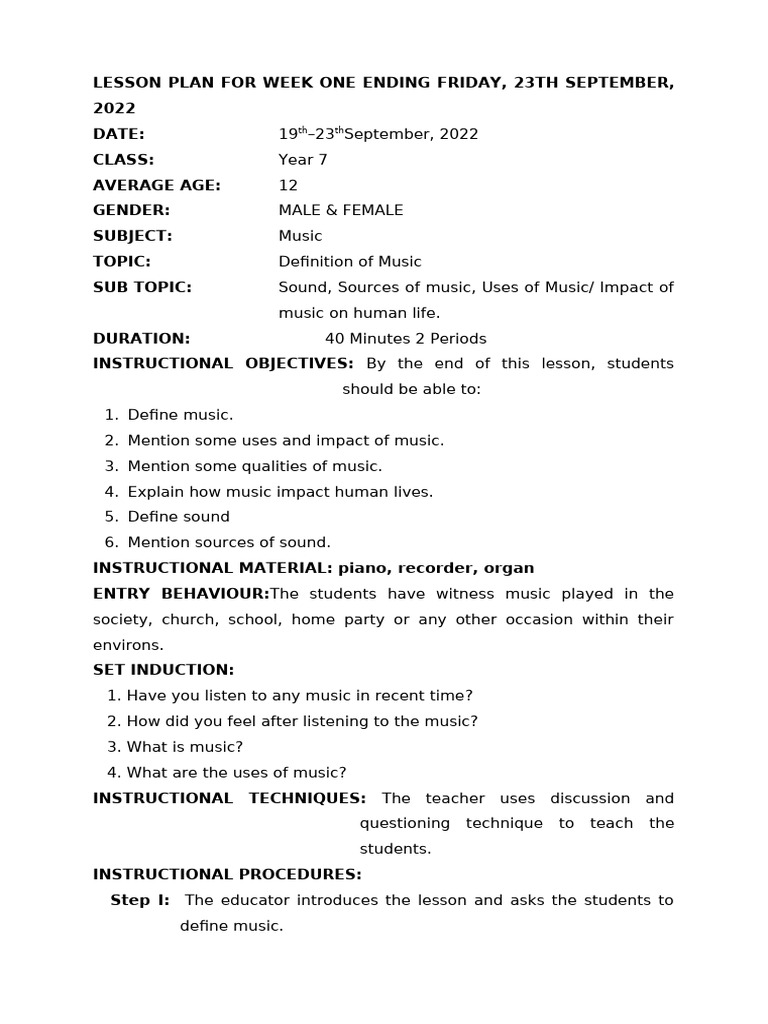 Lesson Plan For Week 1 | PDF | Lesson Plan | Sound