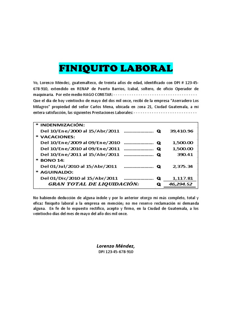 Finiquito Laboral modelo 