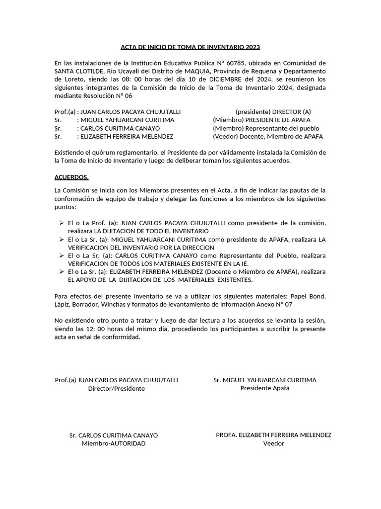 Acta de Inicio Inventario 2024 IE N° 60785 | PDF