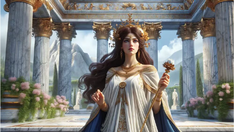 Hera Greek Goddess Regal With Scepter Temple and Mount Olympus ...