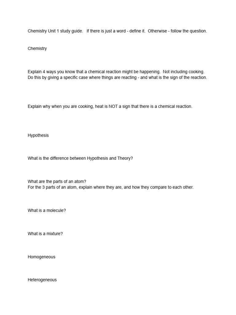 Chemistry Unit 1 Study Guide Pdf