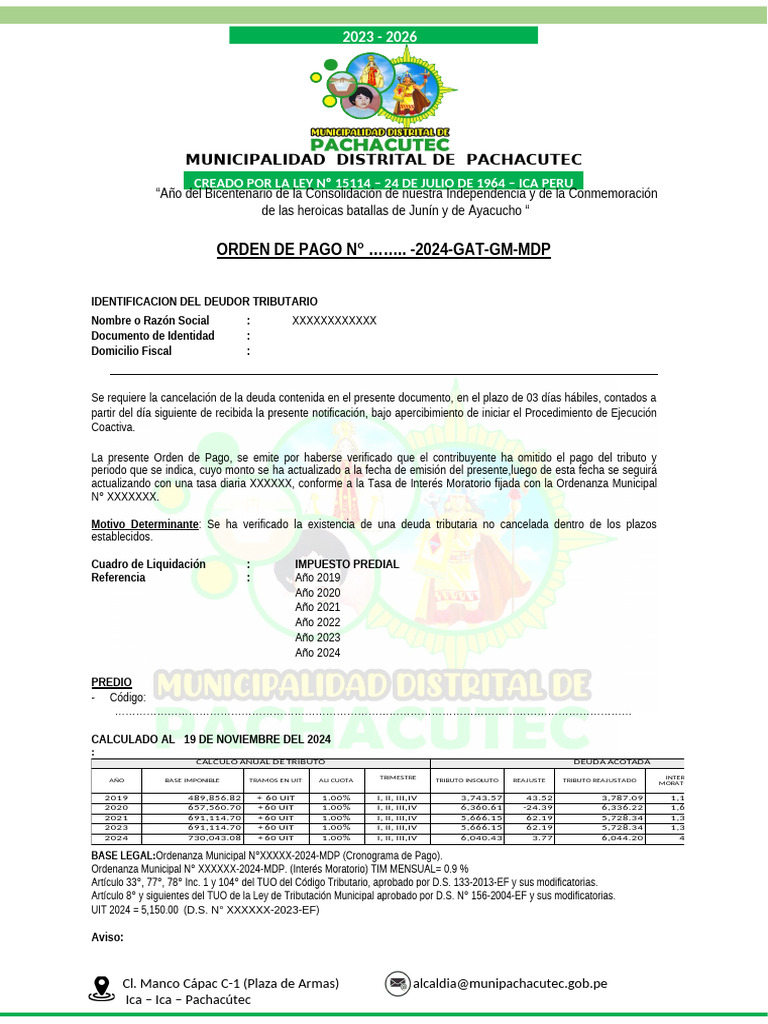 Orden de Pago Impuesto Predial 2024 | PDF | Economias | Dinero