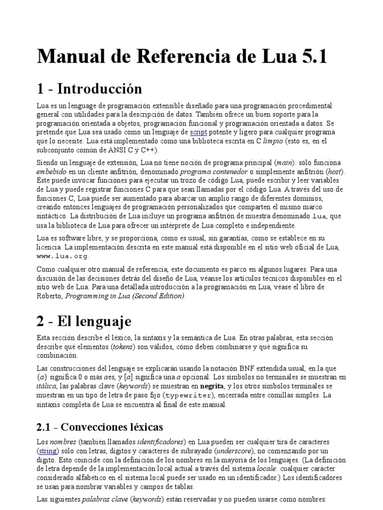 Manual de Referencia de Lua 5.1 | PDF | Lenguaje de programación ...