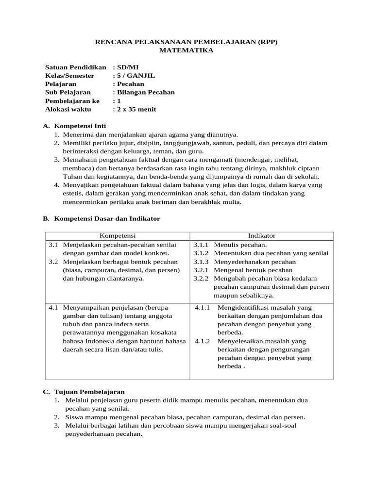 RPP Matematika Bilangan Pecahan | PDF