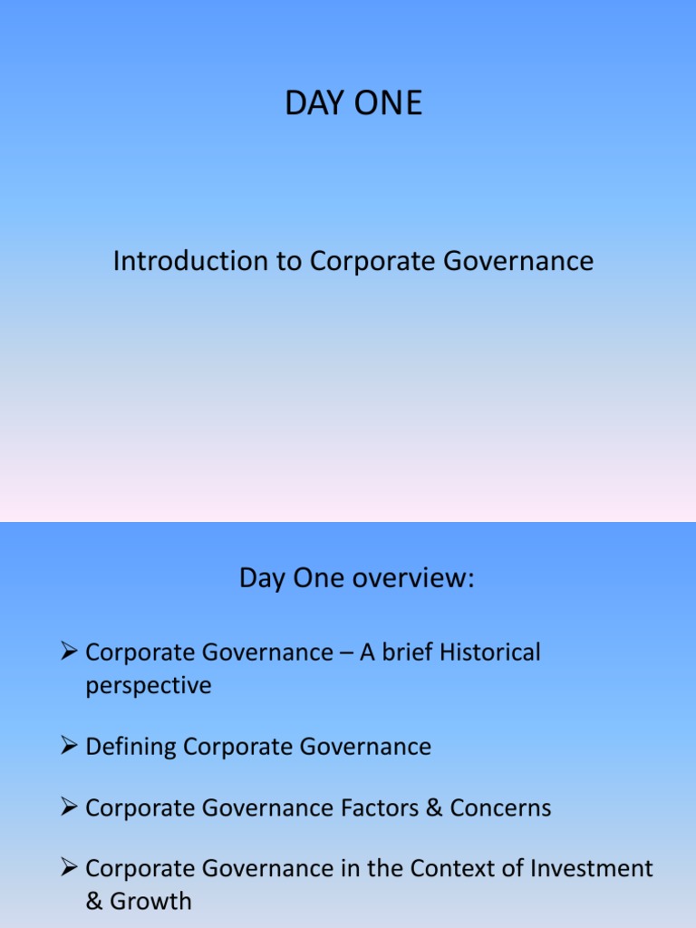Day One Introduction To Corporate Governance Pdf Corporate