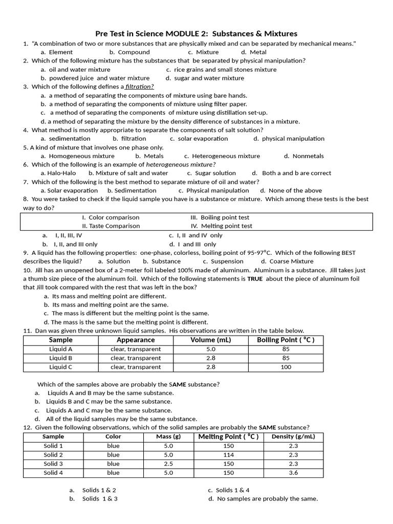 Pre-post test in module 2- subs. and mixture | PDF | Mixture | Chemical ...