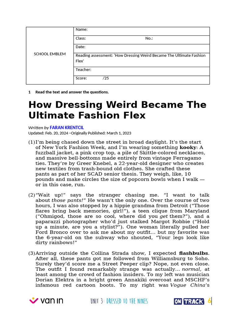 Test OT6 U3 Reading Assessment Key | PDF | Clothing | Fashion