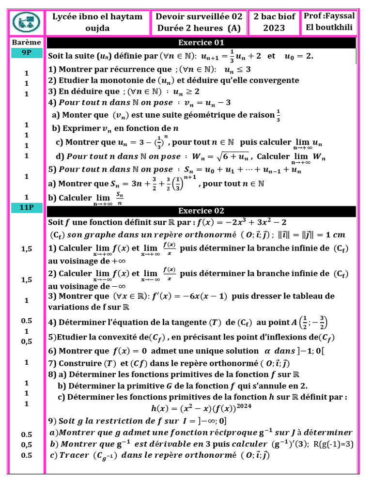 Devoir de mathématiques 2 Bac Biof 2023 | PDF | Fonction (Mathématiques ...