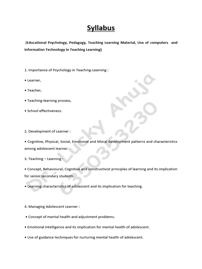 Syllabus Educational Psychology Pedagogy PDF Learning Psychology