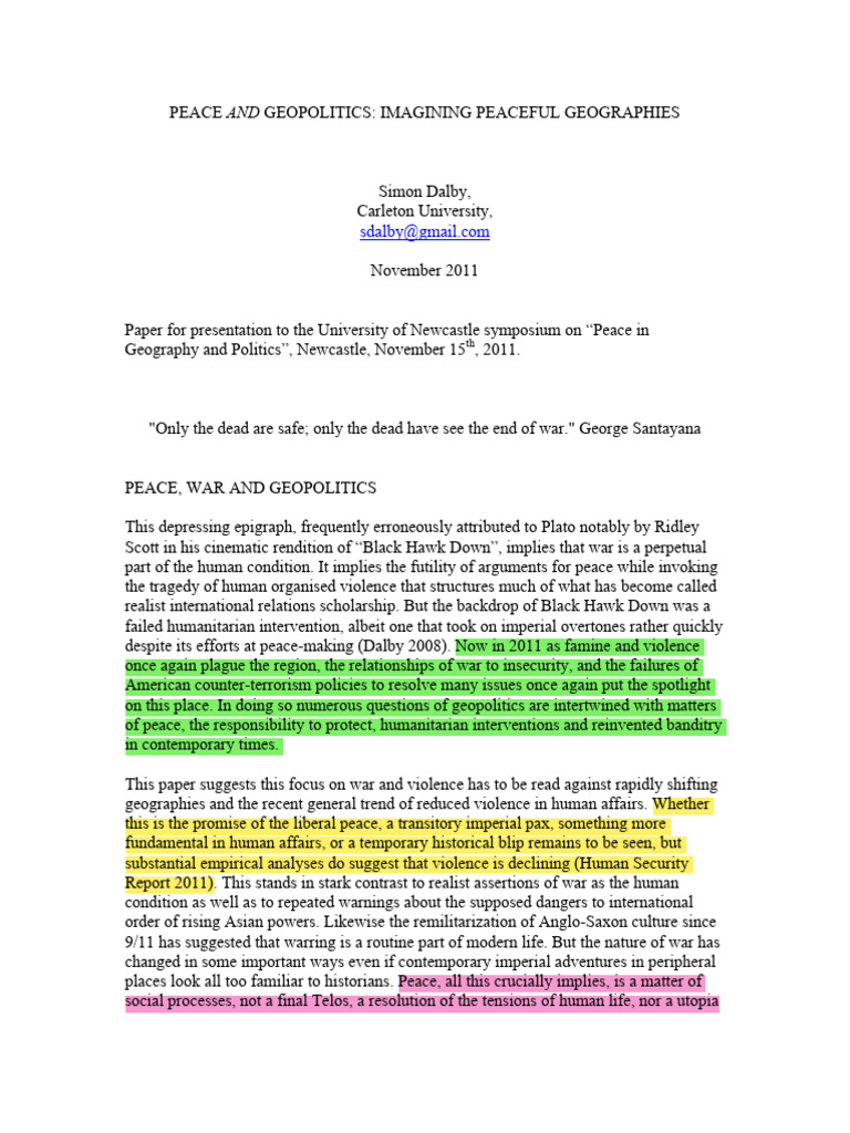 Geopolitics and Non-Violent Peace Strategies | PDF | Violence | Peace