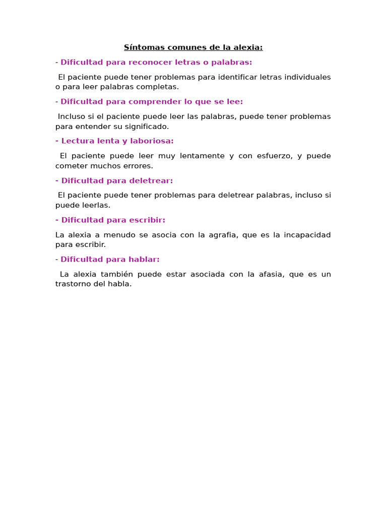 Dificultad para Reconocer Letras o Palabras:: Síntomas Comunes de La ...