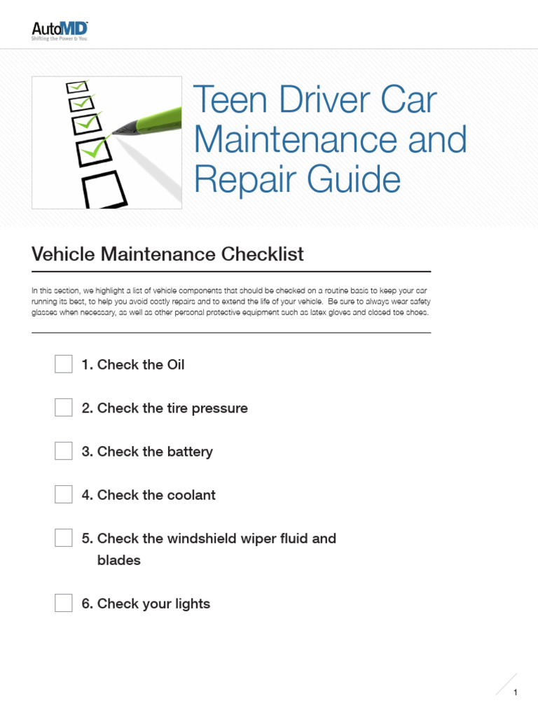 Teen Driver Car Maintenance Checklist | PDF | Headlamp | Brake