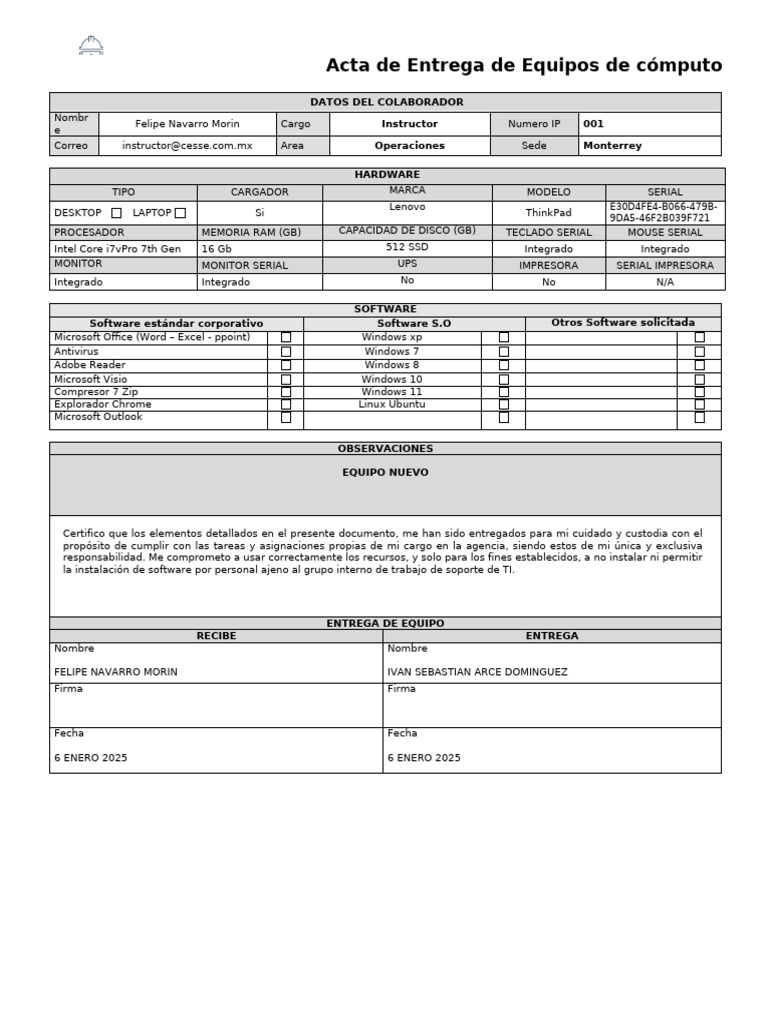Acta de Entrega de Equipos de Cómputo | PDF | Hardware de la ...