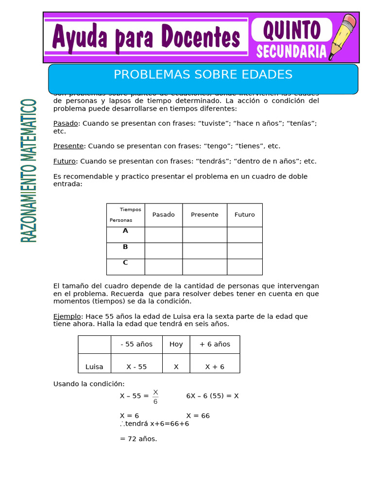 Problemas Sobre Edades Para Quinto de Secundaria | PDF