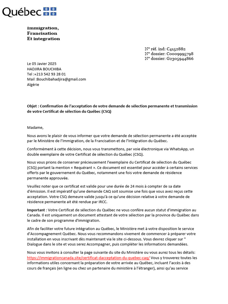 Confirmation de votre CSQ pour Québec | PDF