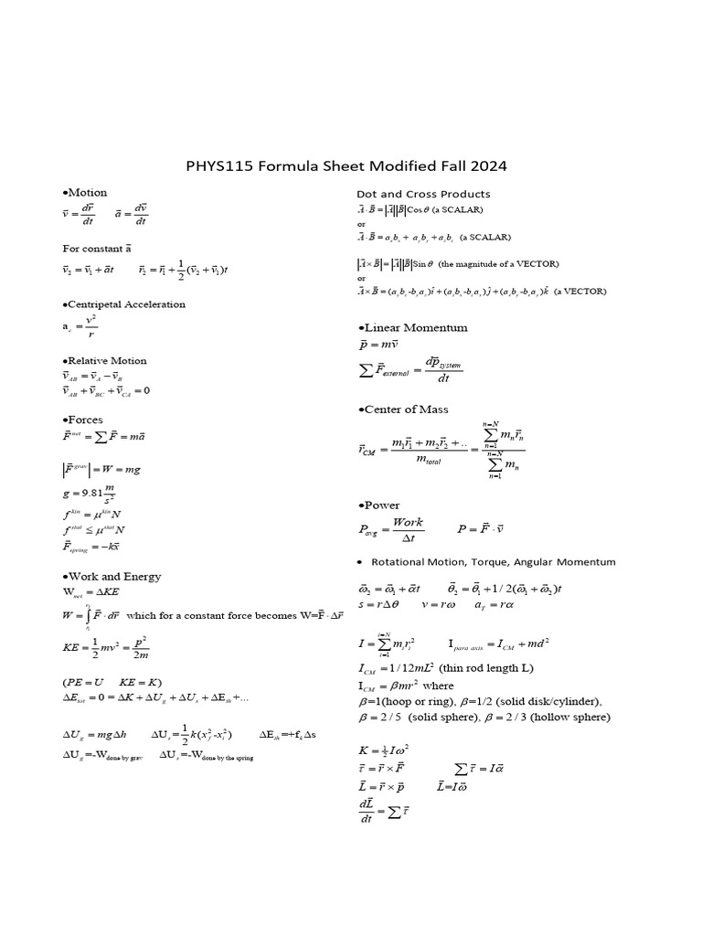 PHYS115 Formula Sheet | PDF | Applied And Interdisciplinary Physics ...