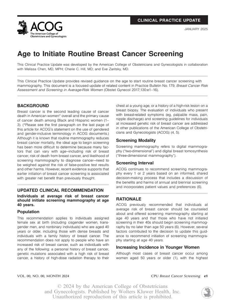 Age To Initiate Routine Breast Cancer Screening.1168 | PDF ...
